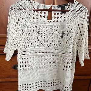 Grace Elements Women's Short Sleeve 100% Cotton White Crocheted Top Size M NWT